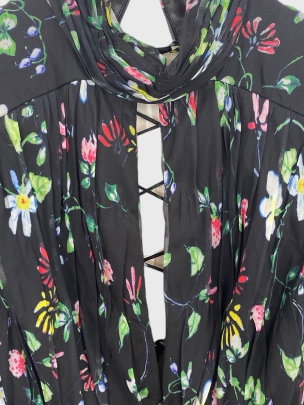 Mac Duggal Black Multicolor Floral High Neck Puff Sleeve Lace Up Back Gown - Picture 6 of 10